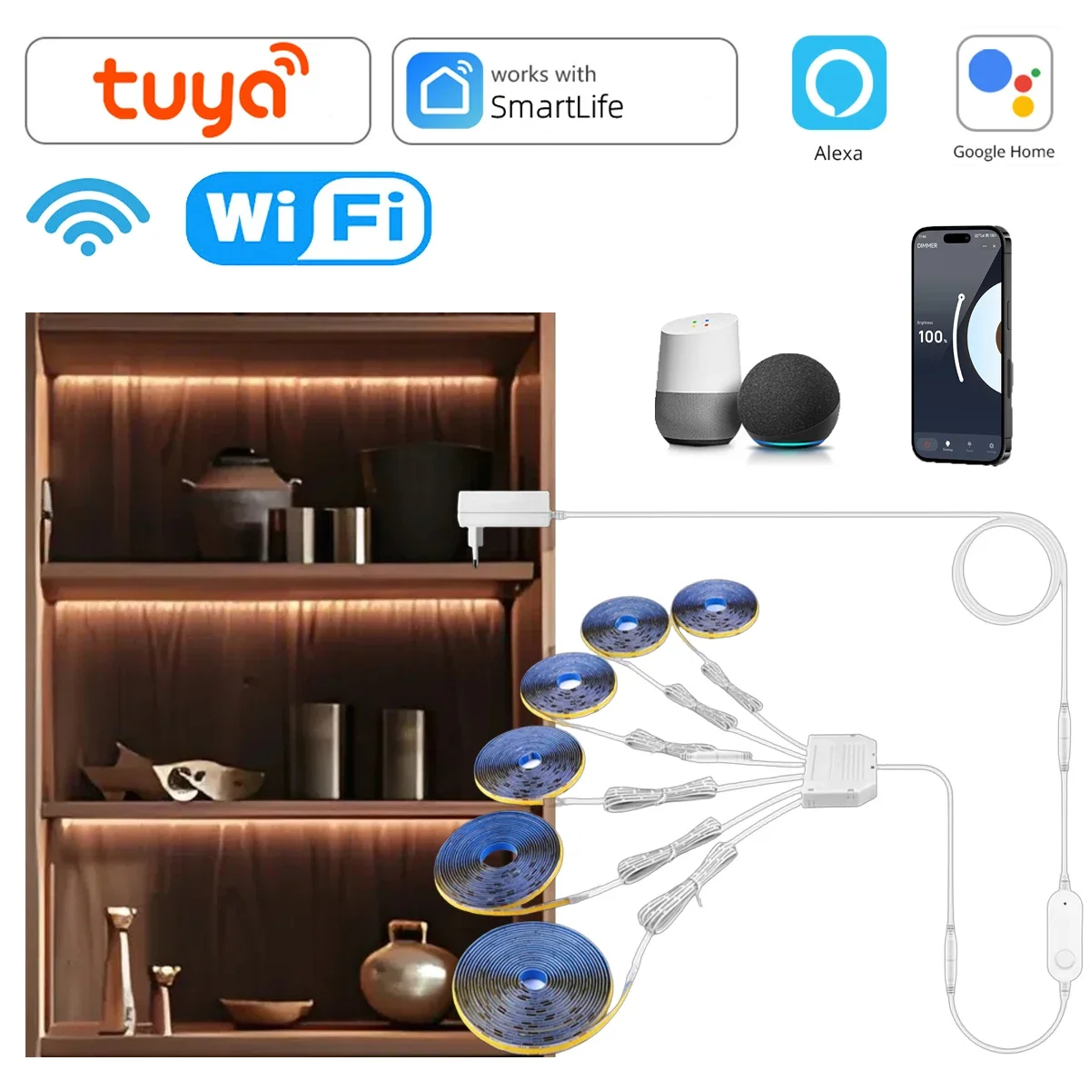 

3/4/5/6PCS Kit 12V Smart TUYA COB LED Strip Light Integrated Set Support with Alexa Google Assistant Echo plus Voice App Control