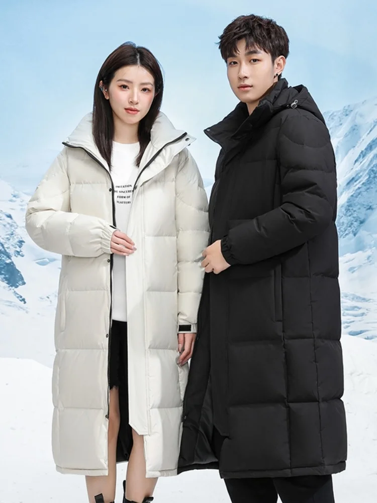 

Парные удлиненные зимние пуховики выше колена, утепленные, ветрозащитные, с капюшоном, молодежные, модные, с наполнителем из белого пуха, верхняя одежда