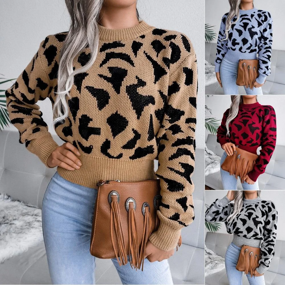

Autumn Winter Casual Leopard Print Knitted Belly Button Baring Sweater Independent Station Wi Cross-Border Women's Wear