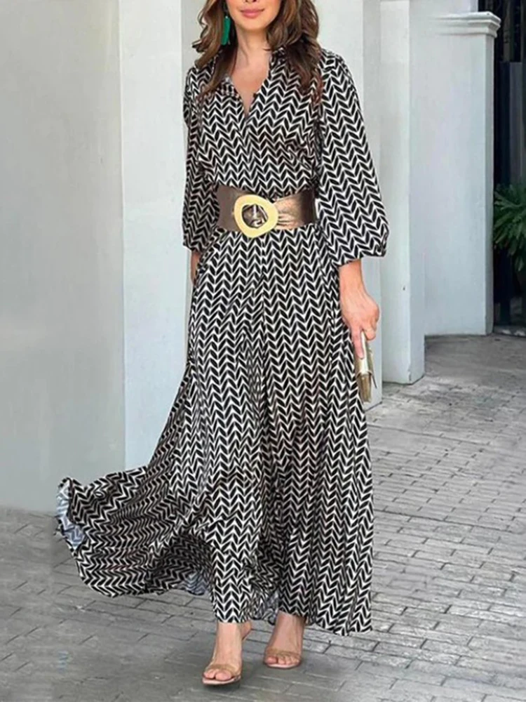 

Jastie Elegant Printed Belt Women Bodycon Maxi Dress Chic Lapel Long lantern Sleeve Shirt robe 2023 Summer Lady high streetwear