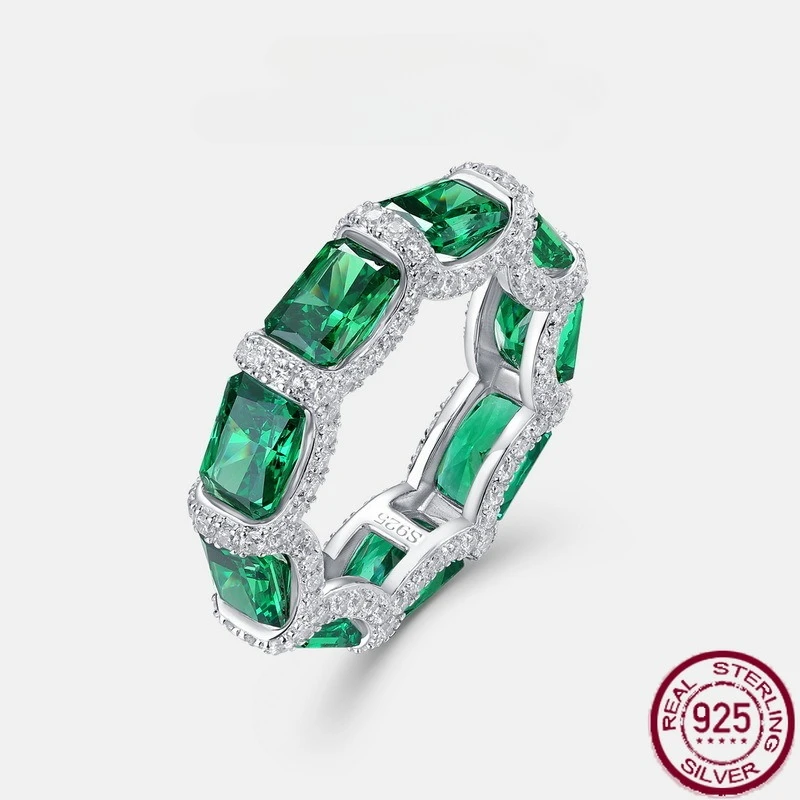 

New S925 Pure Silver Green Glass Single Row Full Diamond Ring with High Carbon Diamond Fashion and Luxury Wedding Jewelry