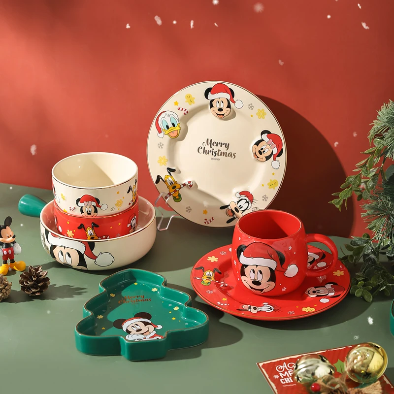 Disney Mickey Christmas Bowls And Plates Ceramic Bowls Tableware Gift Dining Bowl Limited Shape Plate Cutlery Set Christmas Gift