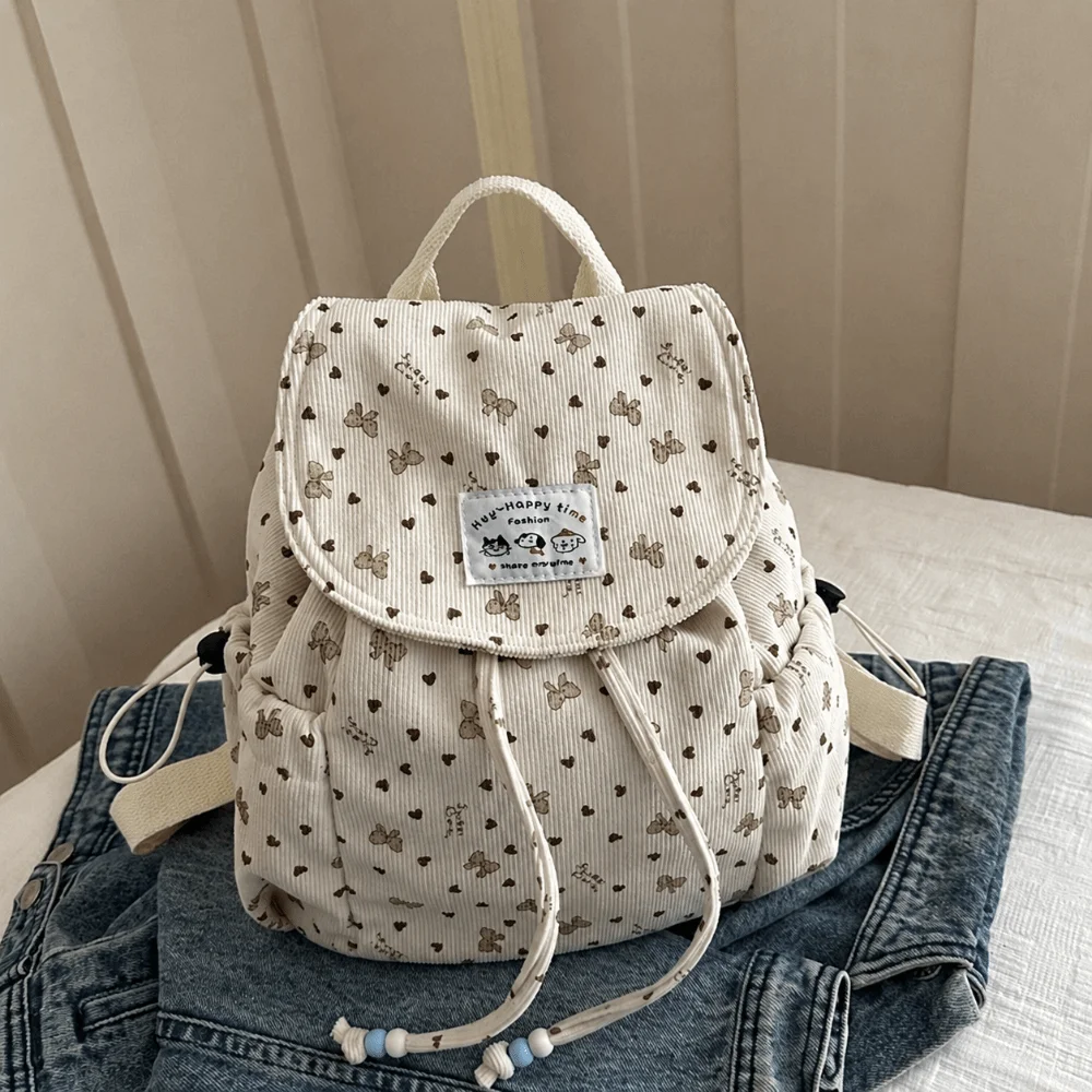 Lightweight Bow Print Corduroy Backpack Casual Large Capacity Drawstring Daypack Versatile Simple Design Bookbag School