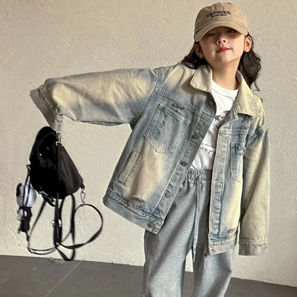 

Girls Outerwear Spring and Autumn Korean Version Loose Casual Retro Denim Jacket Versatile Daily Temperament Wear