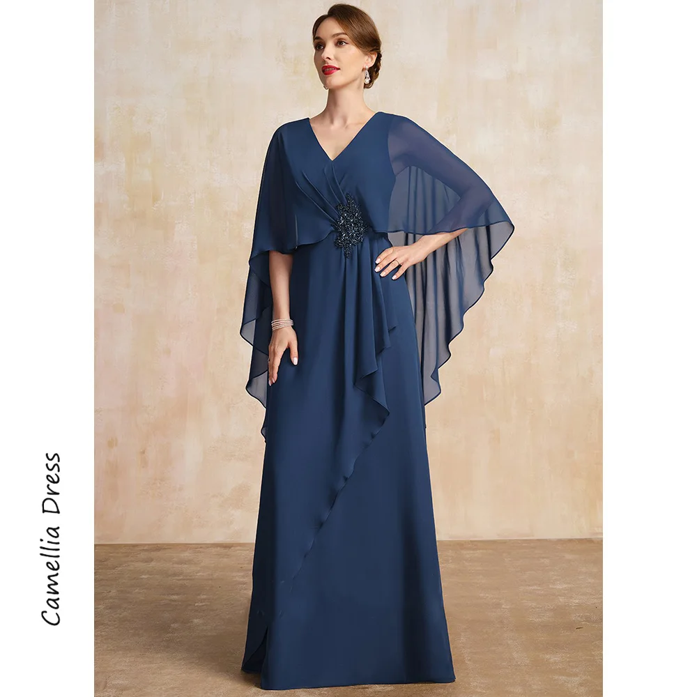 Vestido de noite feminino em cascata plissado linha A, decote V, elegante e bonito, perolização, mãe da noiva, novo