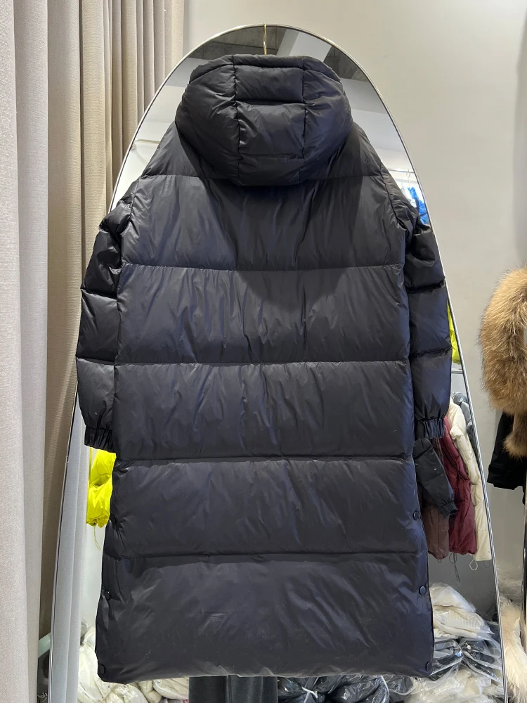 شتاء جديد الذهب الأسود طويل فوق الركبة مقنعين أسفل سترة المرأة فضفاضة وسميكة أزياء الدافئة الأبيض بطة أسفل معطف #3