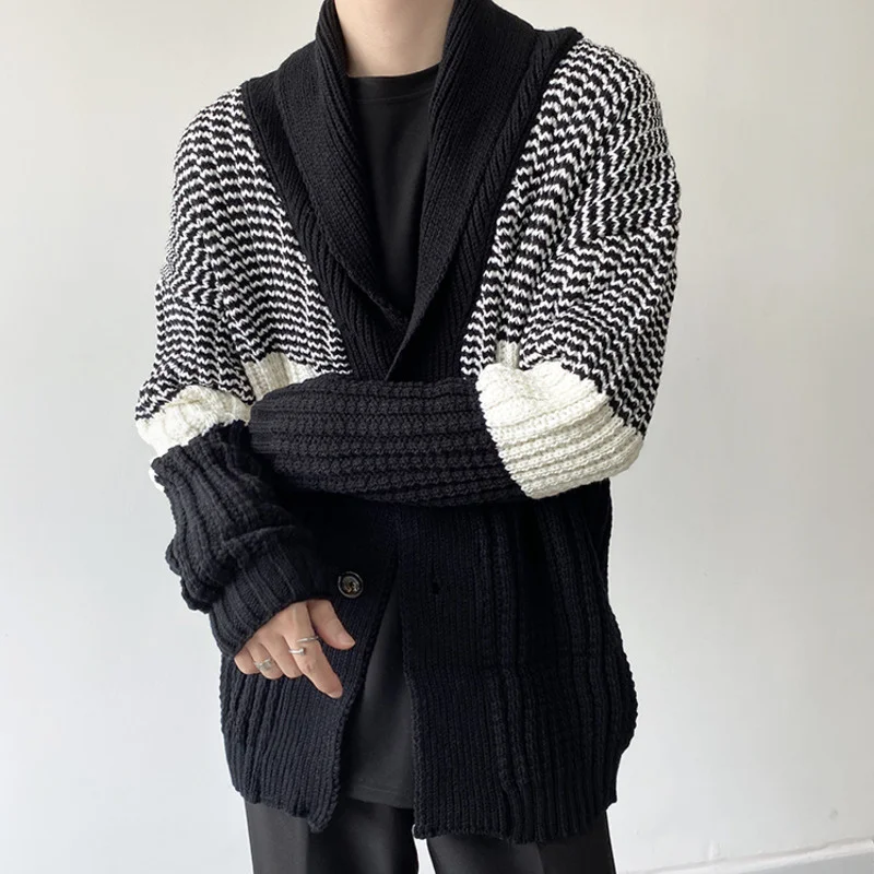 Thickening Winter Color Block Spliced Cardigan Sweater Men Korean Streetwear Retro Single-breasted Sweatercoat 2022 New