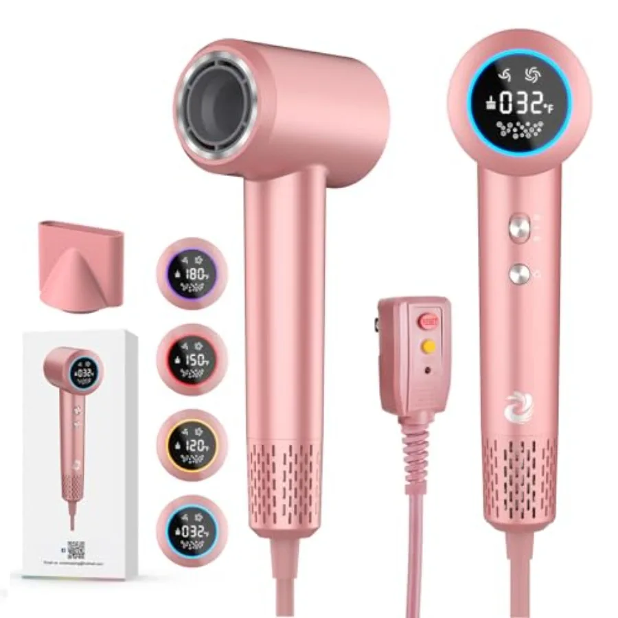 

Фен для волос 1500 Вт, высокоскоростной, 110000 об/мин, с плазменной технологией, плюс/минус ионизация, ЖК-дисплей, 5 режимов, терморегуляция, L