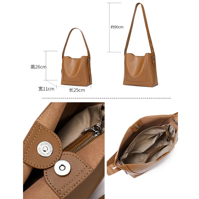 Genuine Leather Bucket Bag Office Lady Spacious Large Capacity Daily Tote Women Shoulder Bags with Adjustable Wide Strap