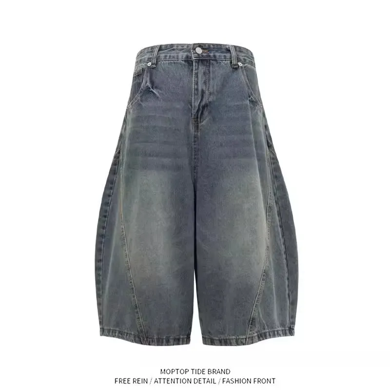 

Retro American Washed Denim Shorts Men Women Summer New Loose Straight Leg Wide Pants Trendy Brand Youth Casual Polyester Fiber