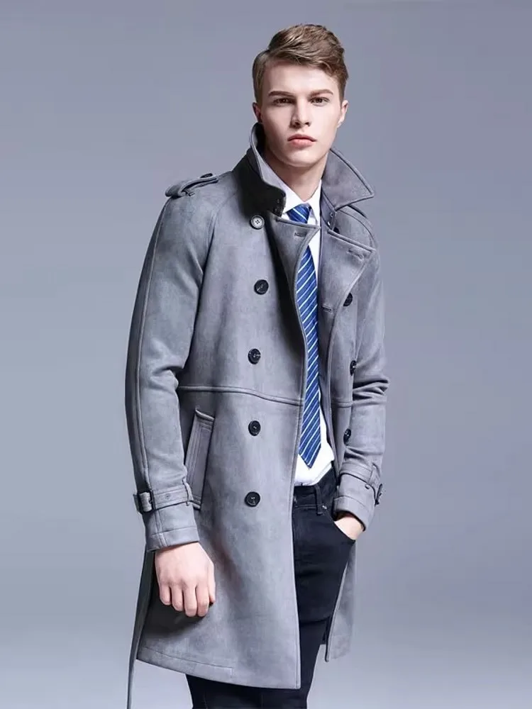 Business Men Autumn Work Faux Suede Leather Double Breasted Trench Coat Fashion Belted Slim Fit Windbreaker Overcoat Size S-6XL 5 Business Men Autumn Work Faux Suede Leather Double Breasted Trench Coat Fashion Belted Slim Fit Windbreaker Overcoat Size S-6XL 5