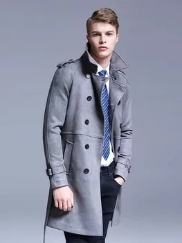 Men's Faux Suede Double-Breasted Trench Coat 5 Business Men Autumn Work Faux Suede Leather Double Breasted Trench Coat Fashion Belted Slim Fit Windbreaker Overcoat Size S-6XL 5