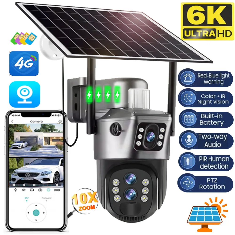 12MP Solar Camera 4G Sim 10X Zoom Three lens 6K Outdoor IP Surveillance Tracking Wireless Cameras PIR Human Detection Video Cam