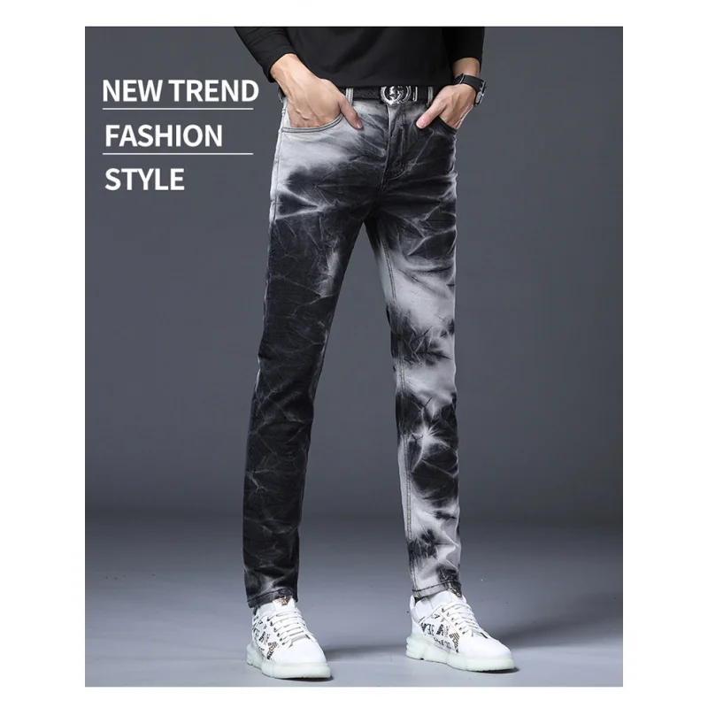 Pantalones vaqueros con tinte anudado de tinta salpicada para hombre, pantalones largos rectos ajustados de gama alta, diseño de moda de lujo, otoño e invierno, 2025