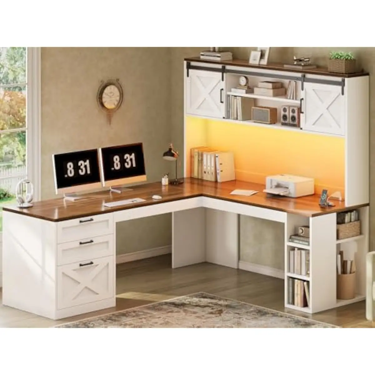67 Inch L-Shaped Farmhouse Desk with Hutch Storage Shelving Sliding Doors 3 Drawers RGB LED Lighting App Control 4 Outlets 2 USB