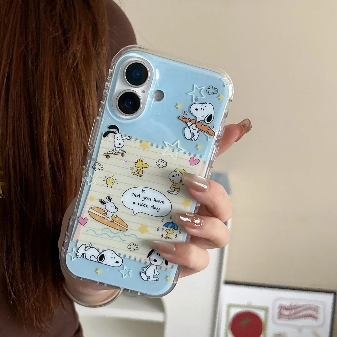 

Cartoon Luxury Snoopy Happy Note Phone Case for IPhone 17 16 15 14 13 Pro Max 16 Plus X anti-fall Soft Back Cover with lanyard