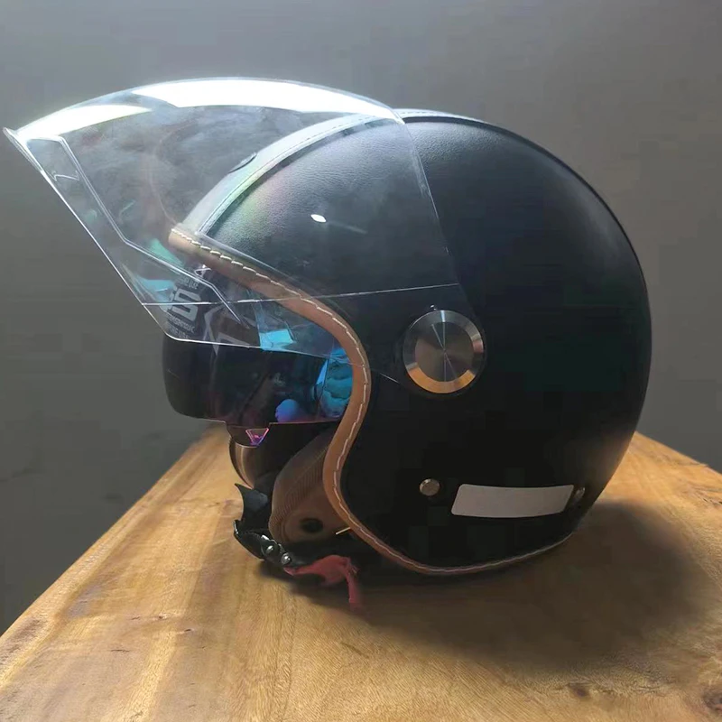 خوذة سوداء من الجلد الصناعي للجنسين 3/4 خوذة دراجة نارية للرجال والنساء بواقي مزدوج وبطانة قابلة للإزالة لكامل الوجه #2