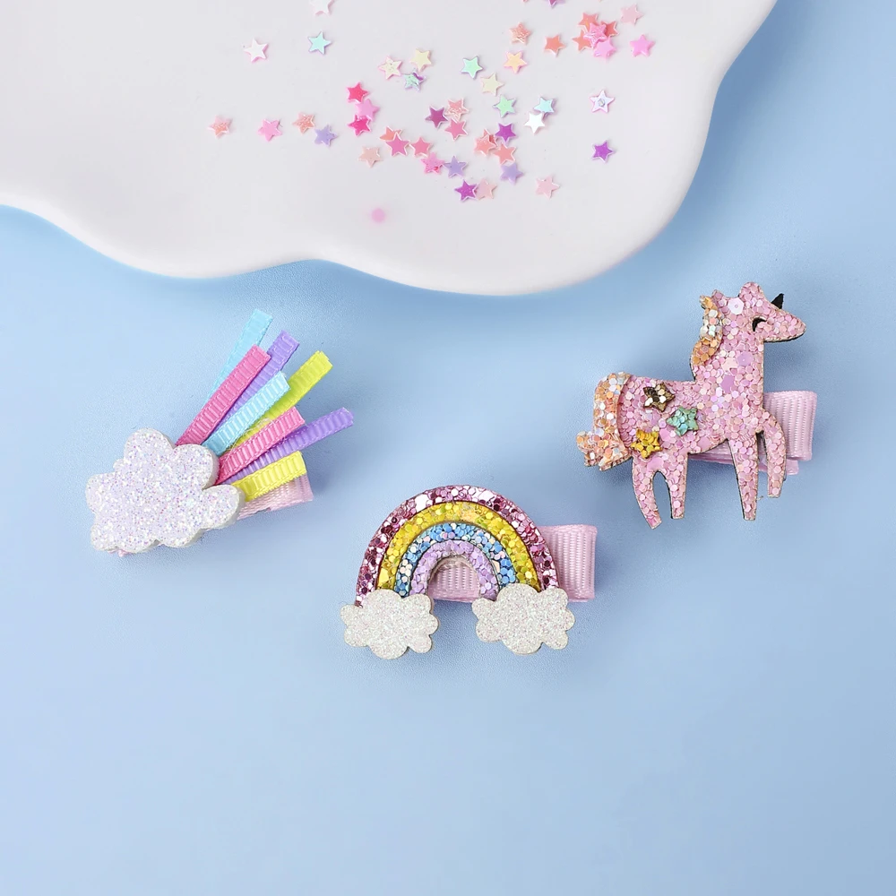 Girls Glitter Unicorn Rainbow Hair Clips Set Cute No Slip Sparkly Hair Accessory for Little Girls Birthday Party Supplies Party