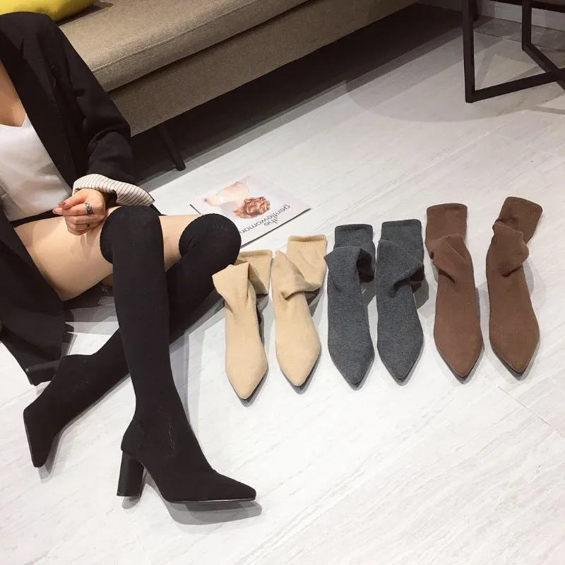 Sexy Pointed Toe Knitting Spring Winter Woman Shoes Black Gray Women\'s Boots Over The Knee Long Sock Boots Botas De Mujer