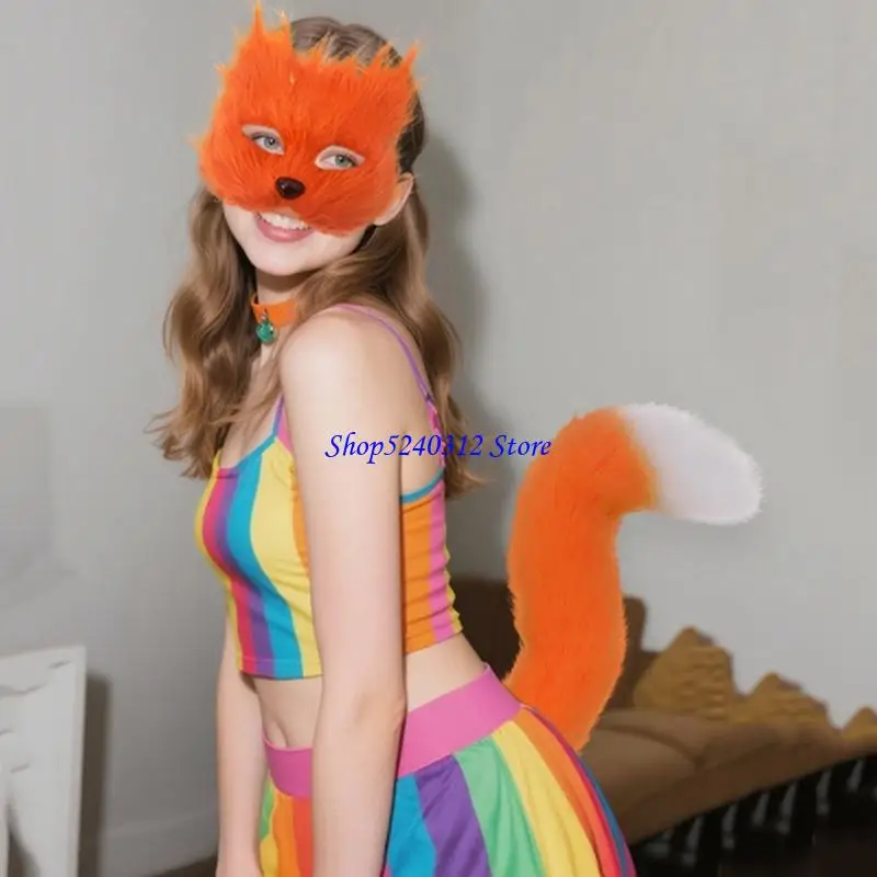 

634C Foxes Costume Cats Half Face Mask Foxes Mask Tail for Halloween Cosplay Party