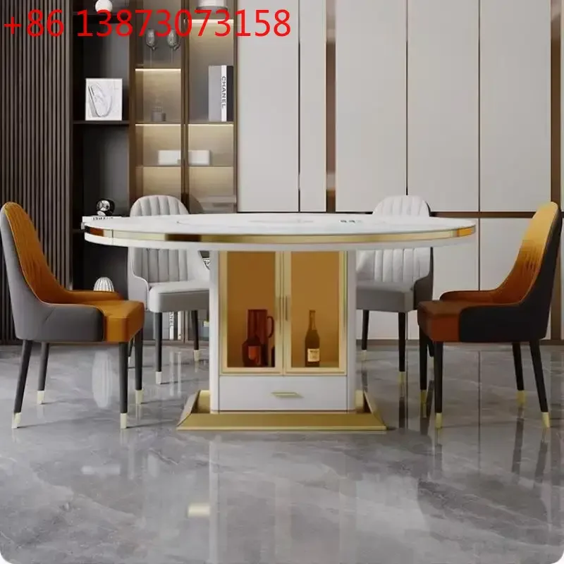 Light luxury multi-functional variable round induction cooker with built-in rock slab turntable dining table