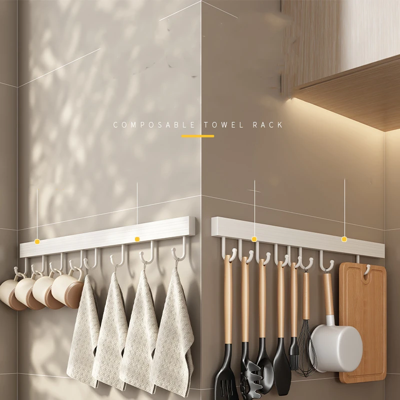 Wall Mounted Kitchen Hook Rack No-Punching Wall Hangers Rail Kitchen Utensils Rack Spoon Shovel Chopping Board Storage Rack