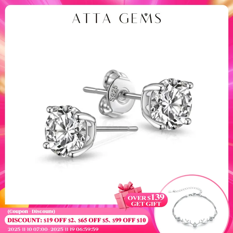

ATTAGEMS 1 Carat 6.5mm D Color Moissanite Stud Earrings For Women Top Quality Solid 925 Sterling Silver Classic Wedding Jewelry