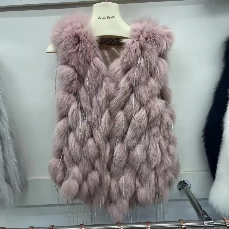 2025 Autumn Spring New Women Imitation Fox Fur Vest Fashion Spokes Tassel Fur Waistcoat Casual Solid Color Warm Short Outwear
