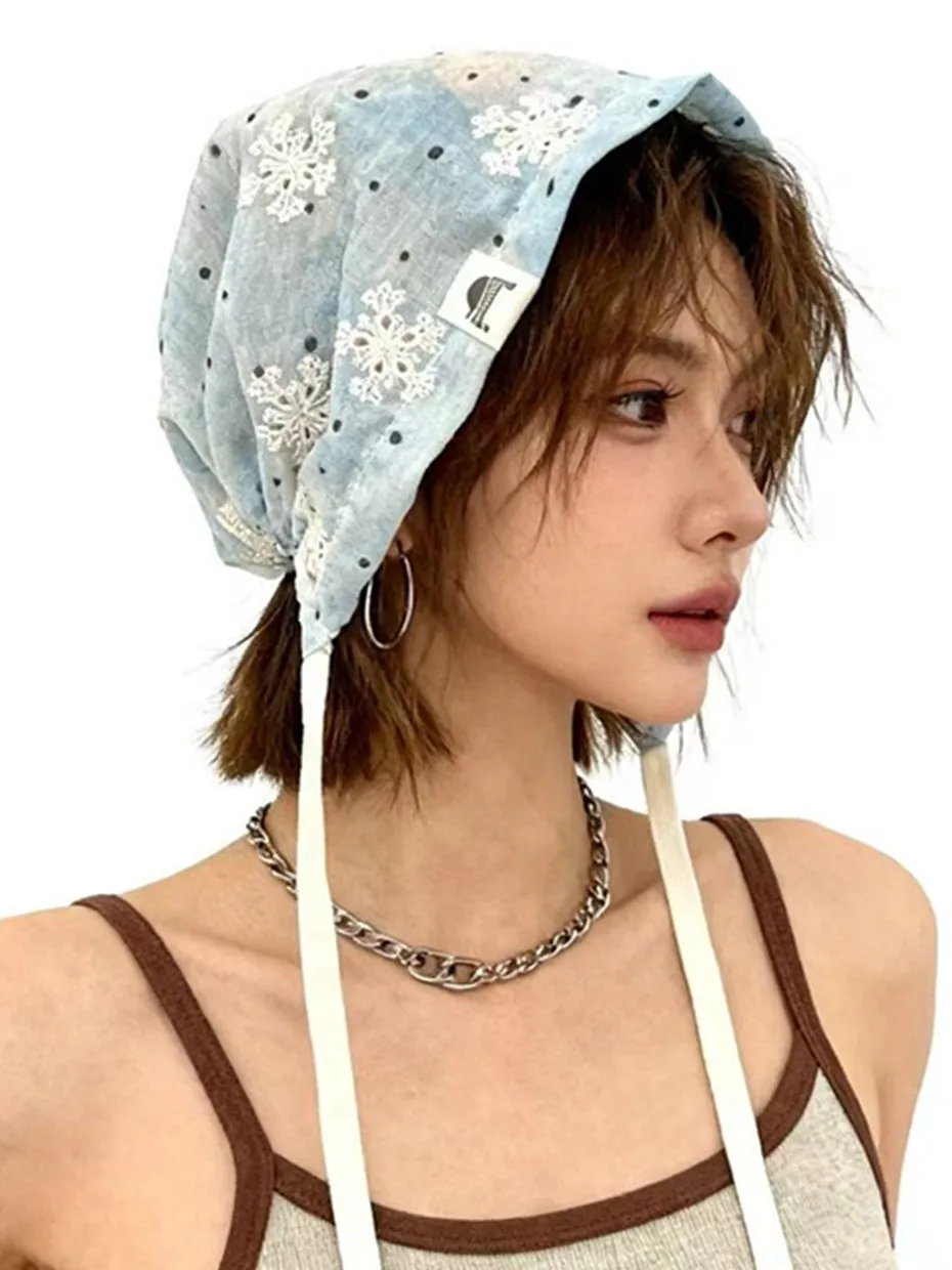 

Light Blue Floral Print Women's Summer Breathable Thin Headscarf Hat Sweet Versatile No-Brim Cap Foldable round Top Cotton Hat