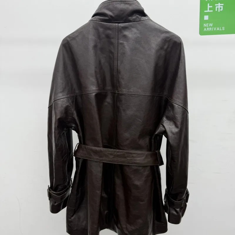 Office Ladies Loose Single-Breasted Genuine Leather Jackets Solid Color Turn Down Collar Long Sleeves Pockets Sheepskin Outwear
