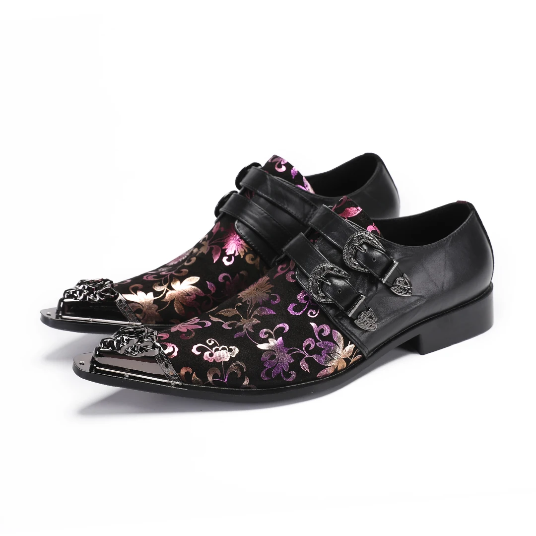 Fashion Flowers Print Pointed Toe Men Genuine Leather Oxford Shoes Big Size Buckle Strap Business Brogue Shoes Party Formal Shoe