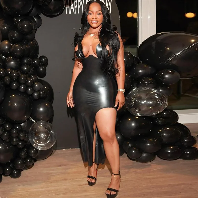 Doyerl Black PU Faux Leather Dress Women Sexy Night Club Spaghetti Strap V-neck Sleeveless Side Cut Out Party Birthay Dresses