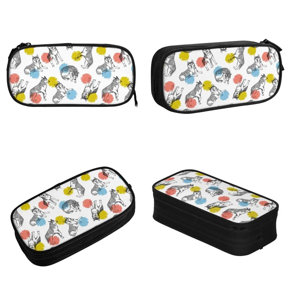 Cute Husky And Colorful Circles Animal Funny Pencil Case Dog Pencilcases Pen Box Large Storage Bag Students School Stationery