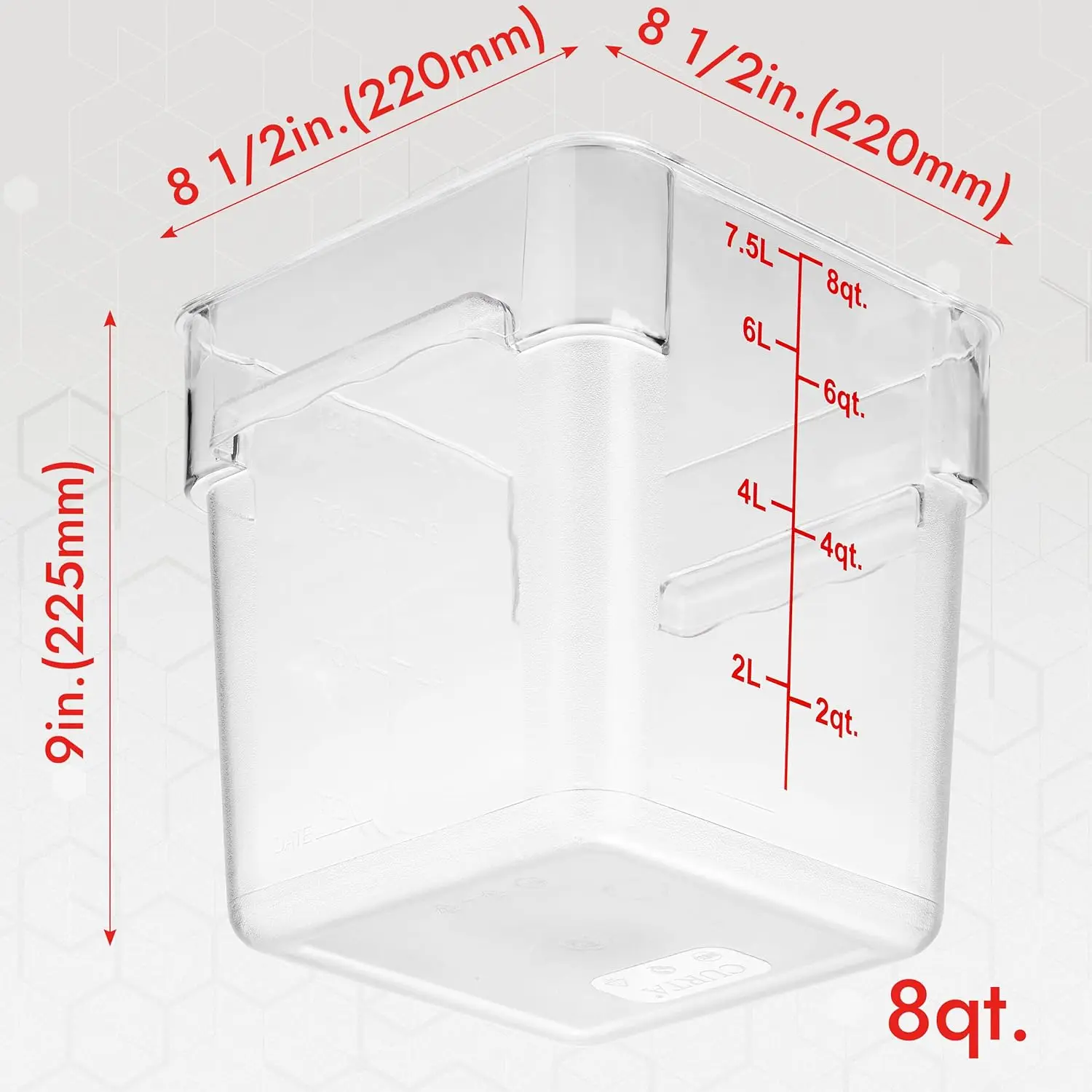 4 Pack Food Storage Container with Red Lid - NSF Listed Commercial Grade in 8.0 Qt - Square, Clear, Polycarbonate