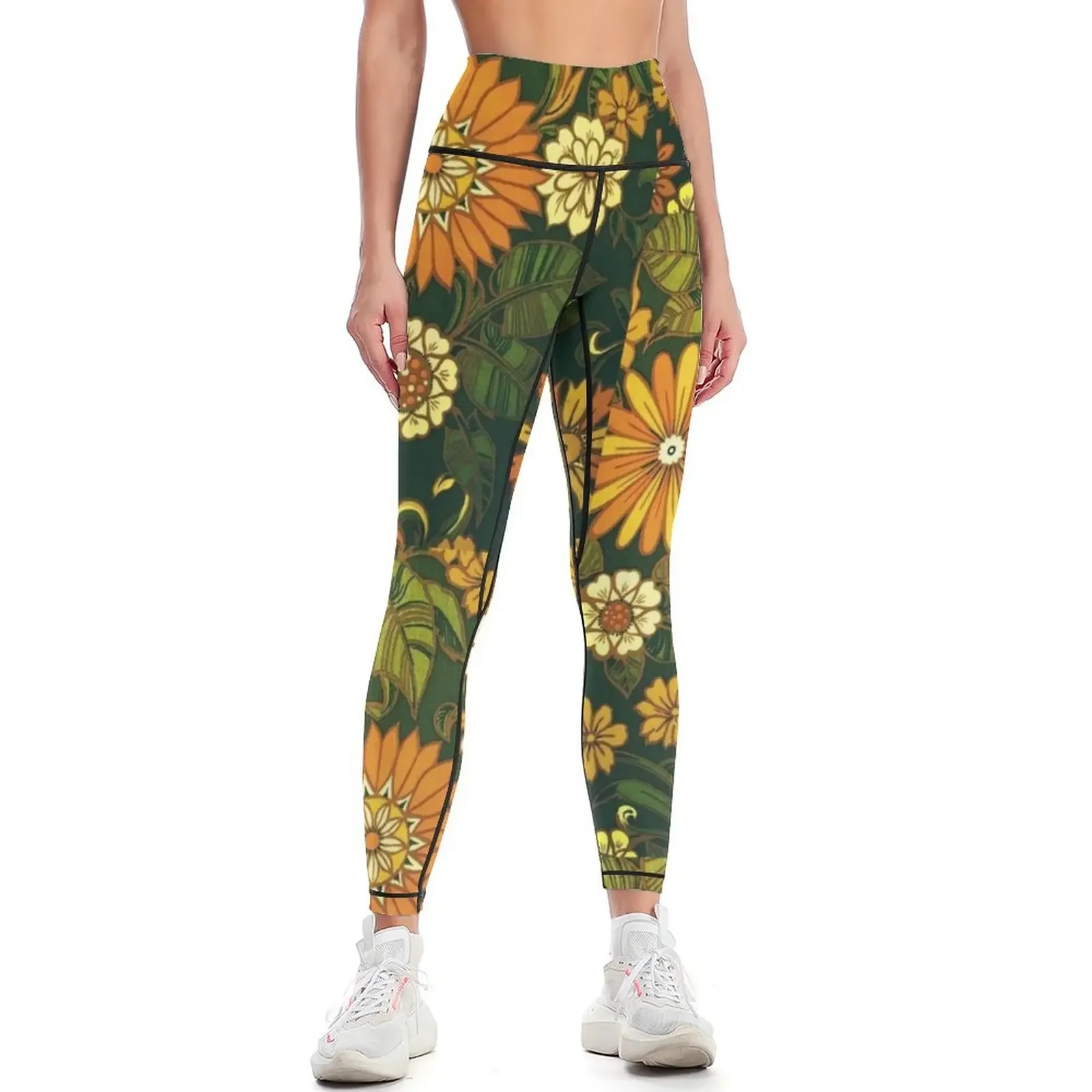 

Green and Orange 70s Pattern Leggings Golf wear gym's clothing Leginsy push up Women's push up Womens Leggings