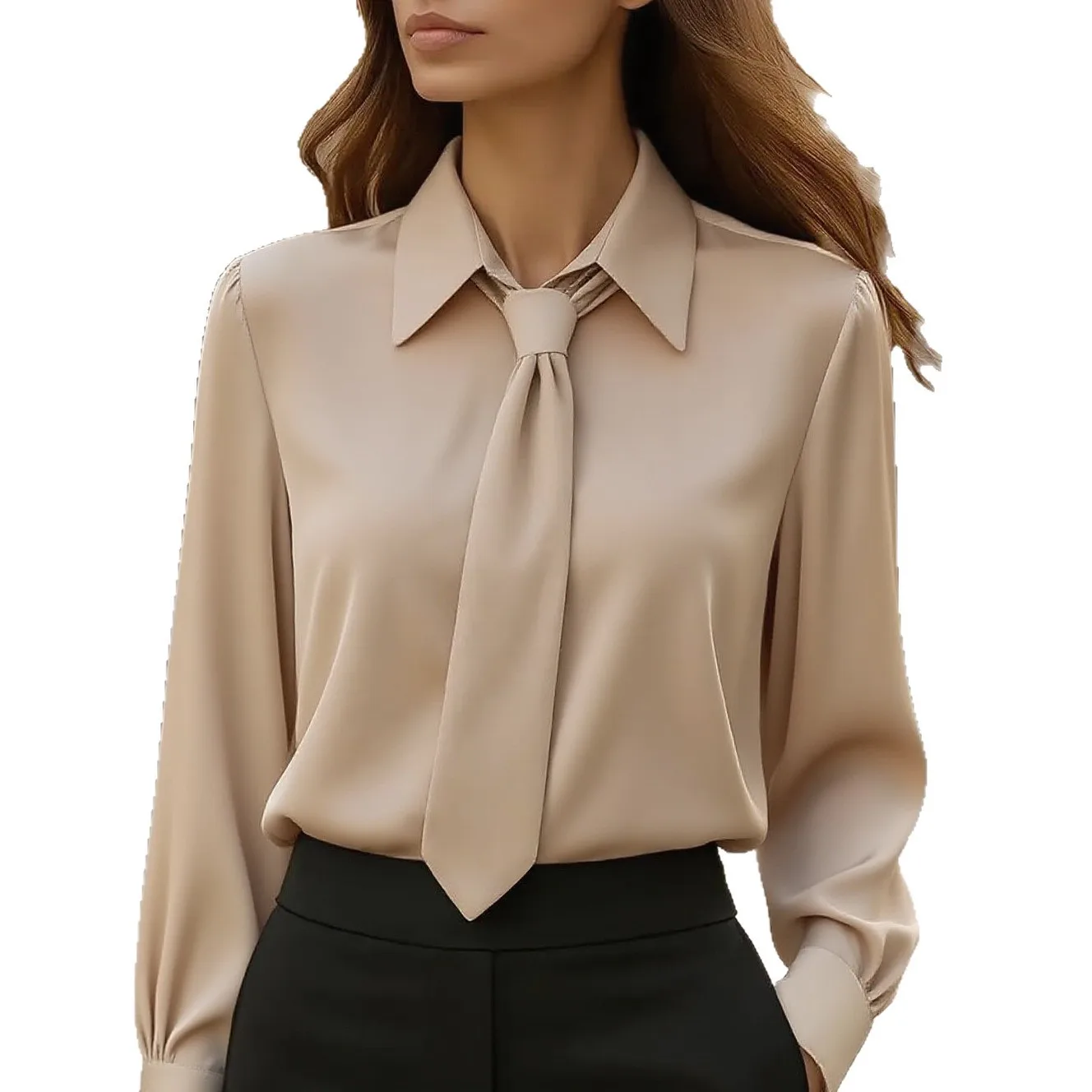 2025 New Autumn Solid Color Casual Tie Long Sleeve French Shirt Office Commuter Women's Shirt White Shirt Women