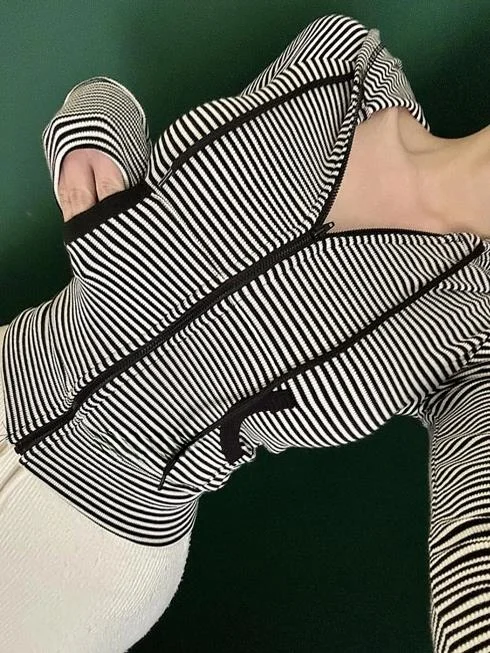 

Slim Fit Striped Hoodie Cardigan Women's Faionable Ele Sle 5STUDIO LK380 Commute Sle Long Sve Zipper Closure