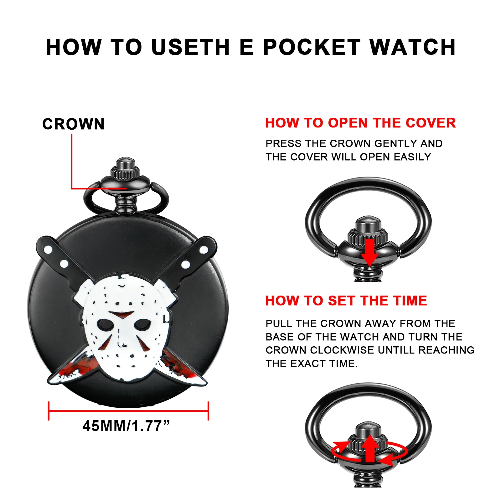 New Chainsaw Killer Terror Killer Jason Retro Time Gemstone Quartz Pocket Watch Pendant Necklace Men's Women's Halloween Gifts