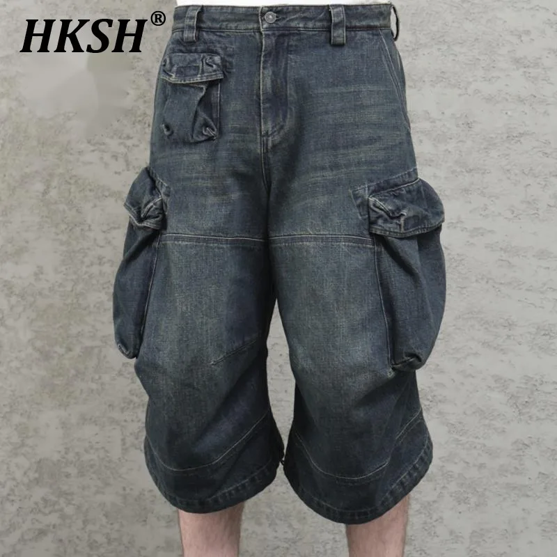 

HKSH Spring Summer New Man Tide Loose Denim Shorts Chic Washed Cropped Calf-Length Pants High Street Pockets Ins Capris HK5259
