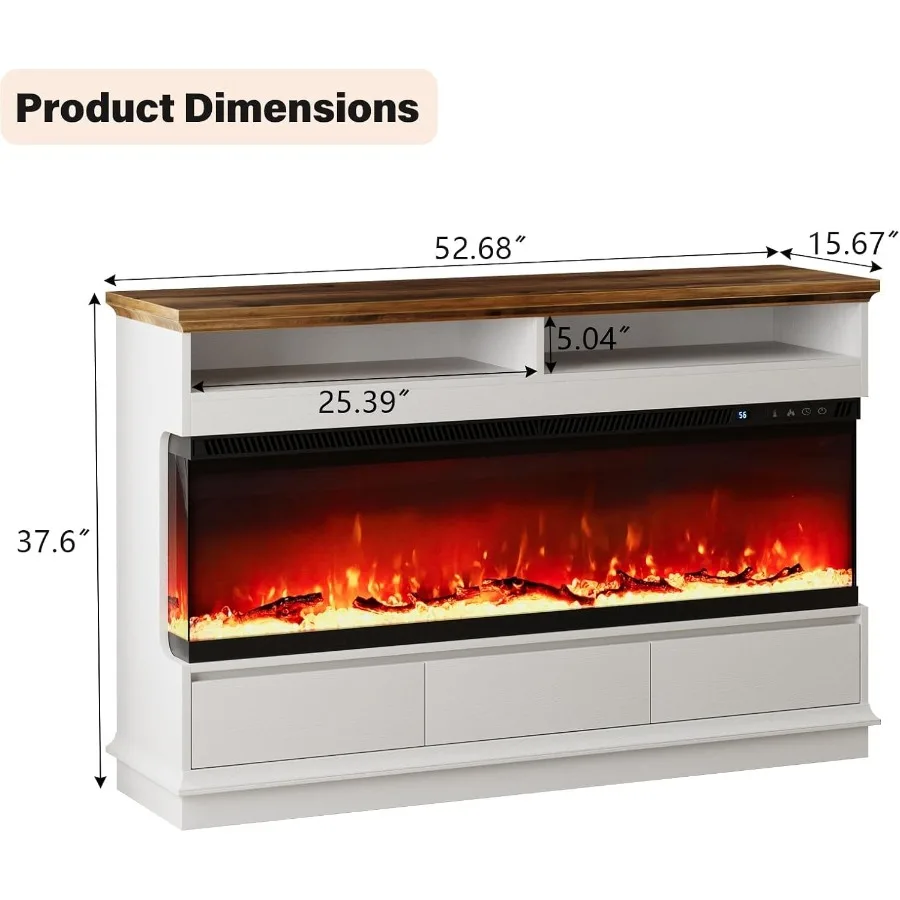 Rak TV Perapian 4 EVER WINNER dengan Perapian Listrik 50 inci, Pusat Hiburan Perapian dengan 3 Sisi Kaca dan 3 Laci