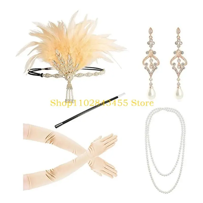 49MC 1920s Flapper Gatsby Costume Accessories Set 20s Long Gloves Necklace Earrings Flapper Headpiece Headband for Womens