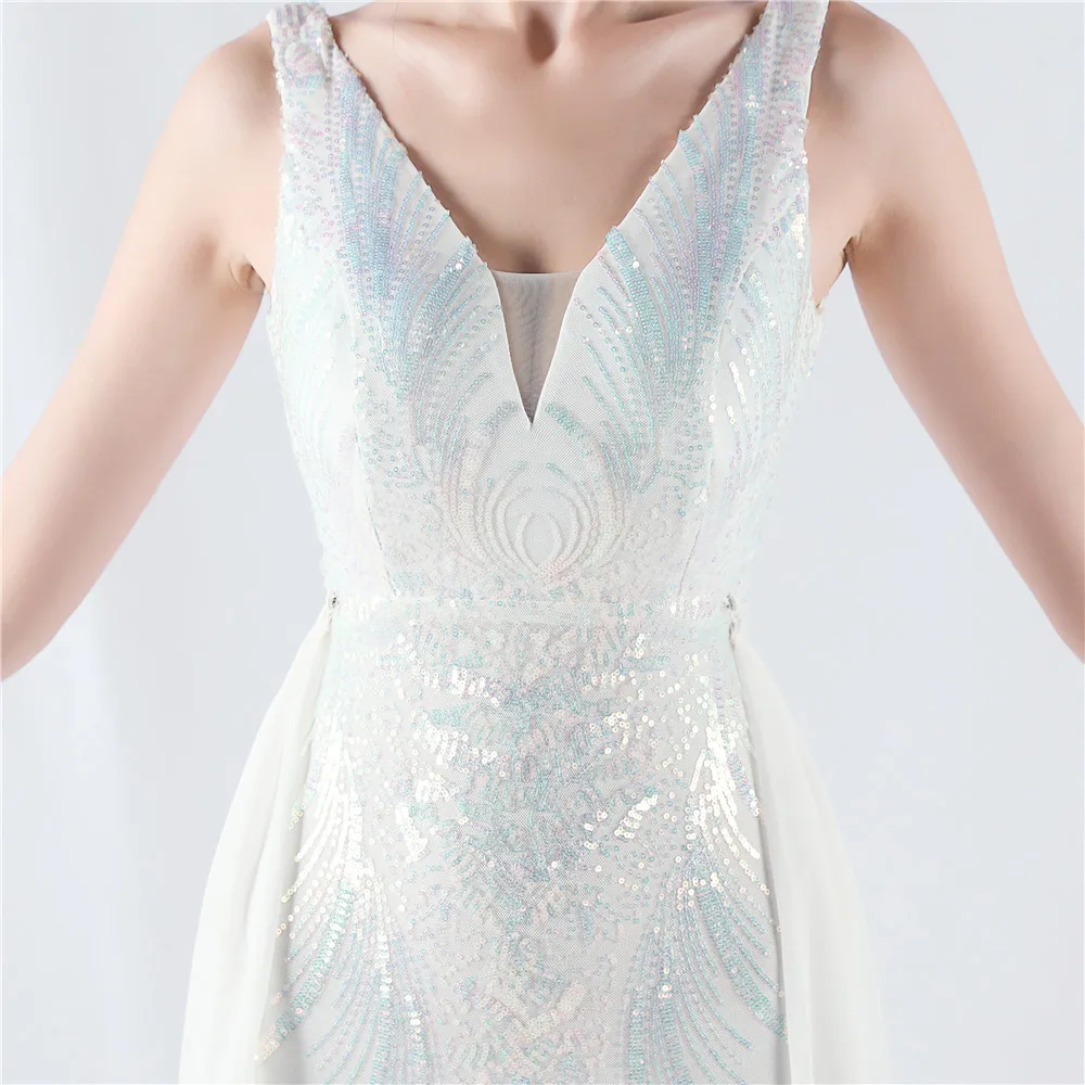 Women's V Neck  Sleeveless  Elegant Beaded Sequins Floral  With Cape Mermaid  Dress Formal Party Gown Evening Maxi Dress