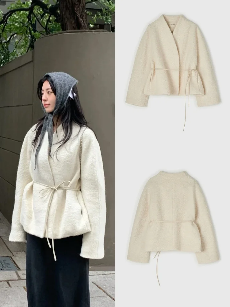 

Sle Lfm шерстяное пальто с завязками на банте, женское свободное пальто, винтажное твидовое пальто Jaet Fem Faion, зимняя верхняя одежда