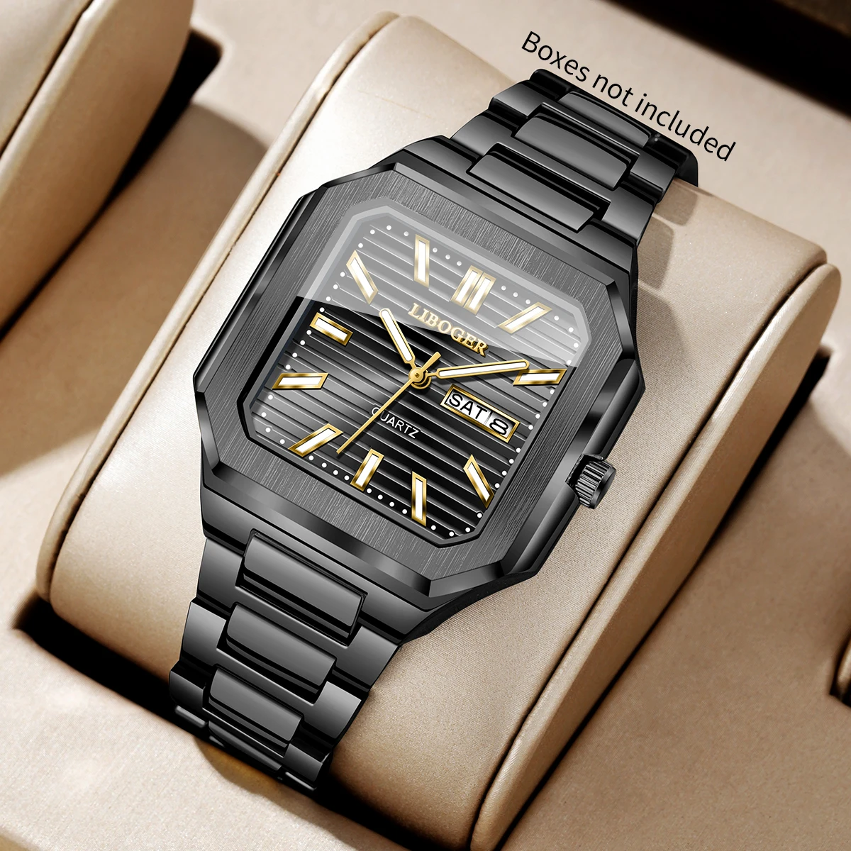 Fashion Men Square Business Quartz Watches Black Steel Strap Date Display Casual Daily Wristwatch Relogio Masculino（Without Box）