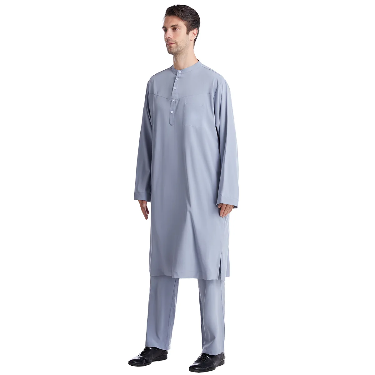 New Style Muslim Button Round-neck Robe Set for Men in Dubai, UAE, Dubai, Pakistani, Middle Eastern Muslim Robes, Ramadan Kimono