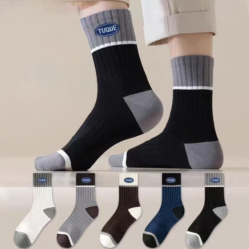 5 Pairs Men's Autumn Winter Socks Mid Tube Thick Anti Odor High Elastic Winter Cold Protection Solid Color Simple Sock Wholesale