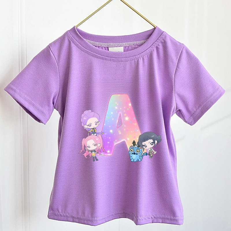

KPop Demon Hunters Children T Shirt Summer Clothes Cute Letter A-Z Cotton Tee Shirts Short Sleeve Kid Short Tops Tees Gift