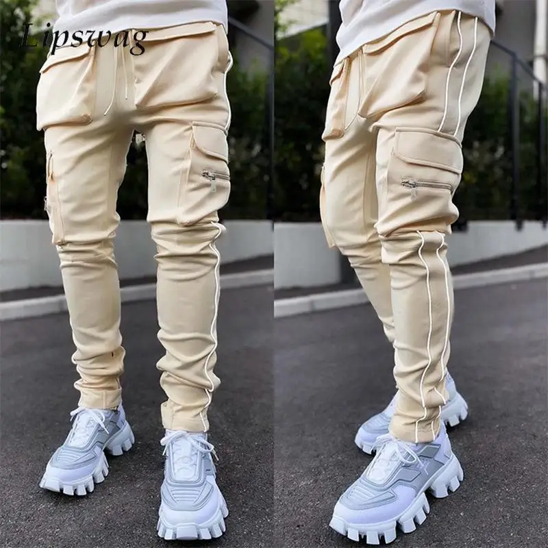 

Hip Hop Mens Cargo Pants Autumn Fashion Multi Pockets Slim Pants Men Vintage Striped Patchwork Trousers Winter Men's Streetwear