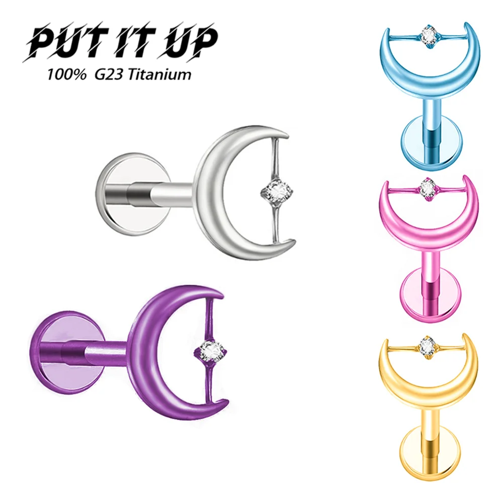 

PUTITUP F136 Titanium Alloy Moon Single Zirconium Anodized Earrings 18g 16g Fashion Ear Bone Lip Studs Body Piercing Jewellery