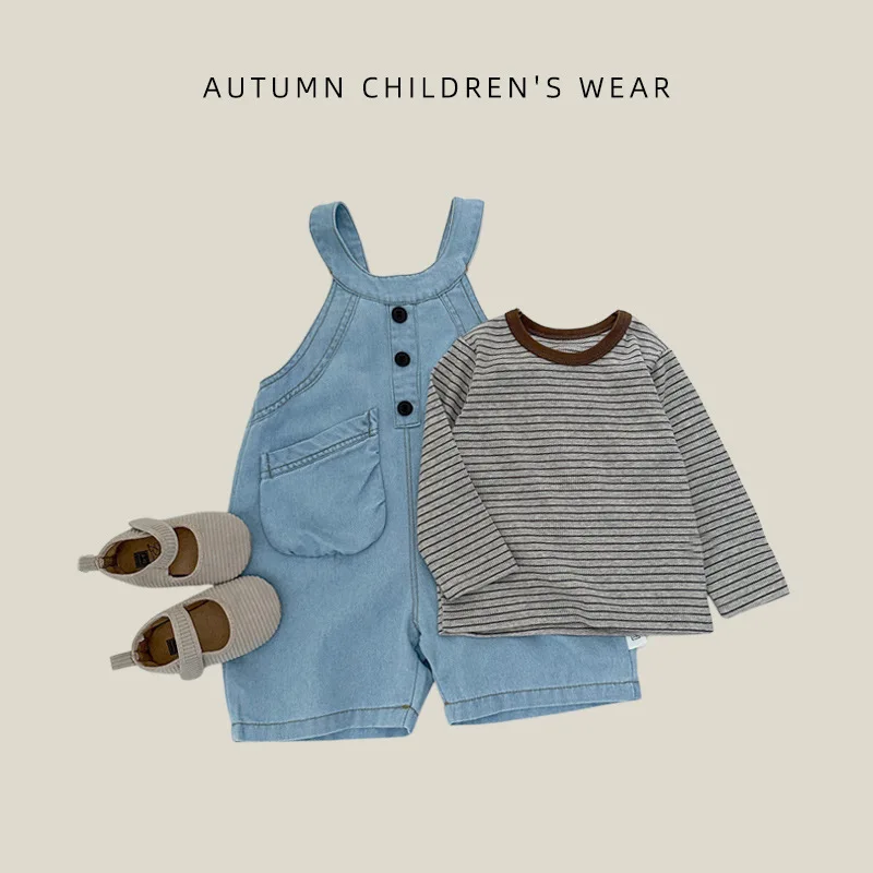 2026 Spring Fall Baby Boy and Girl Denim Overalls Set Kids Stylish Striped Undershirt Versatile Jumpsuit